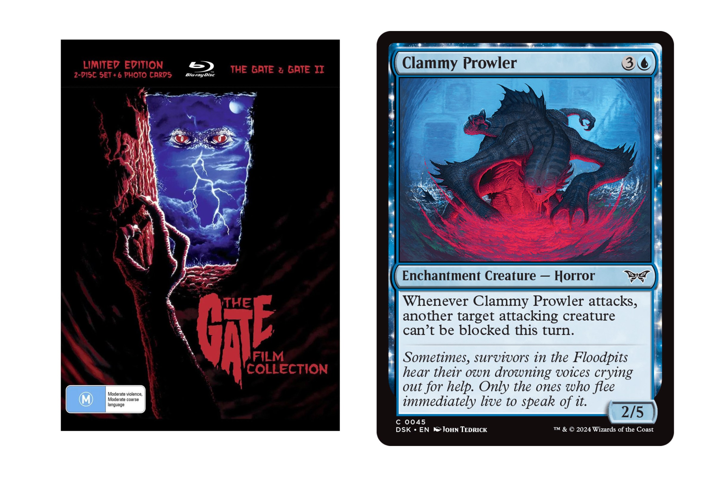 A poster from the movie The Gate featuring Clammy Prowler, an enchanted creature, a horror, from MTG Duskmourn.