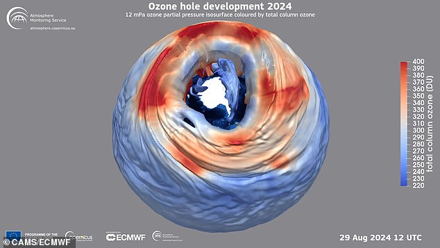 New data shows the ozone hole above the South Pole (pictured) took longer to form than in previous years