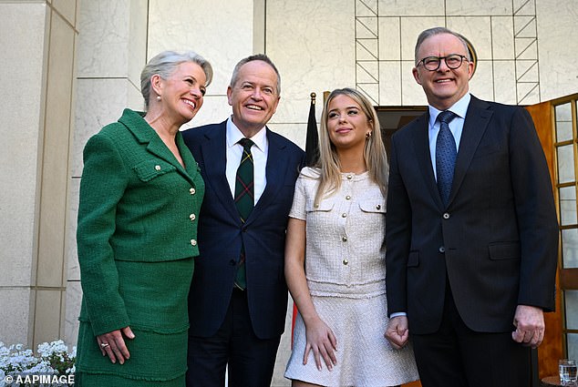 Bill Shorten is pictured on Thursday after announcing his retirement from politics. From left to right: his wife Chloe, Mr Shorten, his daughter Clementine and Prime Minister Anthony Albanese