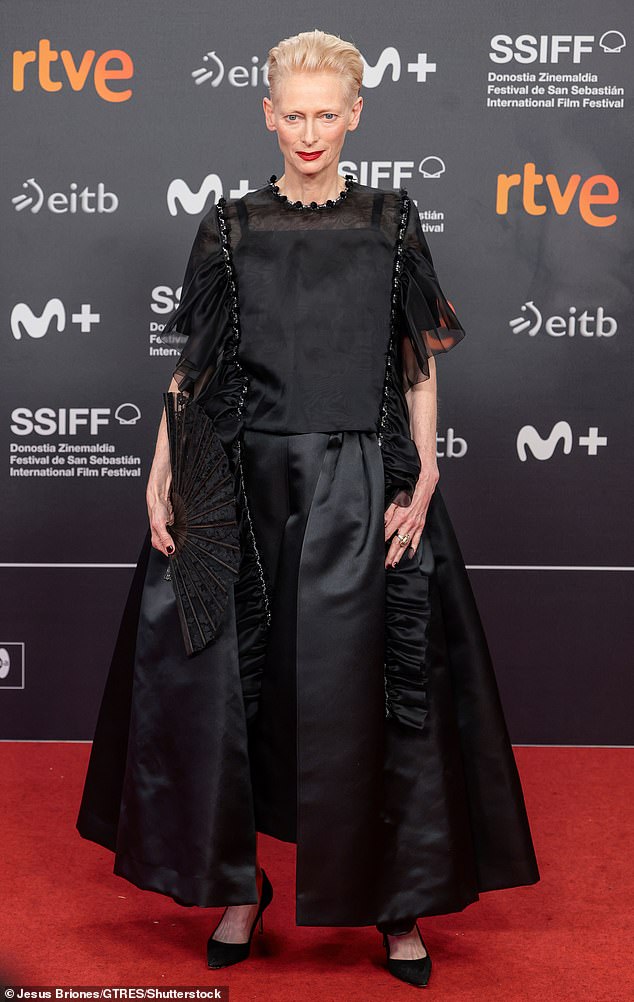 Tilda Swinton, 63, pledged her support for war-torn Gaza as she attended a photocall for her new film The Room Next Door at the San Sebastian Film Festival on Thursday.