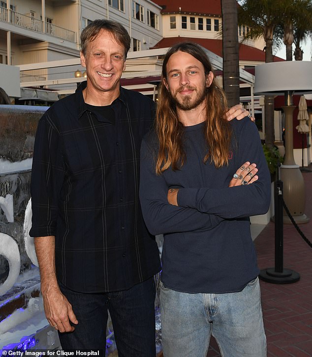 Tony Hawk, 56, became a grandfather for the first time when his son Riley Hawk and wife Frances Bean Cobain welcomed their first child into the world on Saturday, September 17; Tony and Riley seen in 2019