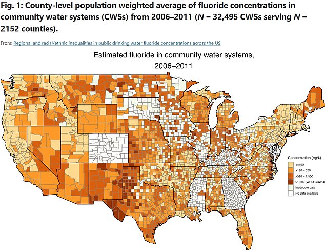 The above shows the most recent known levels of fluoride in U.S. county water systems