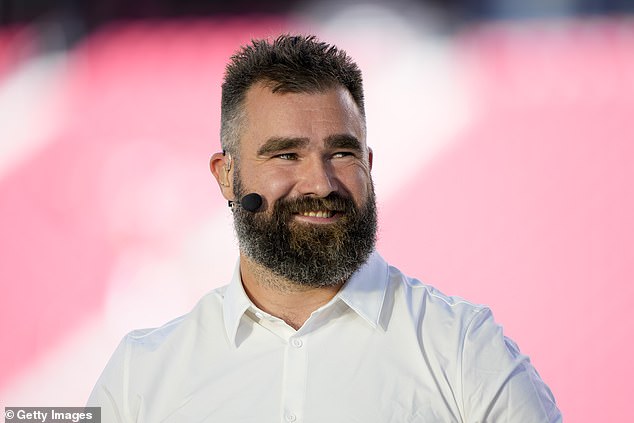 ESPN analyst Jason Kelce watches before the New York Jets play the San Francisco 49ers