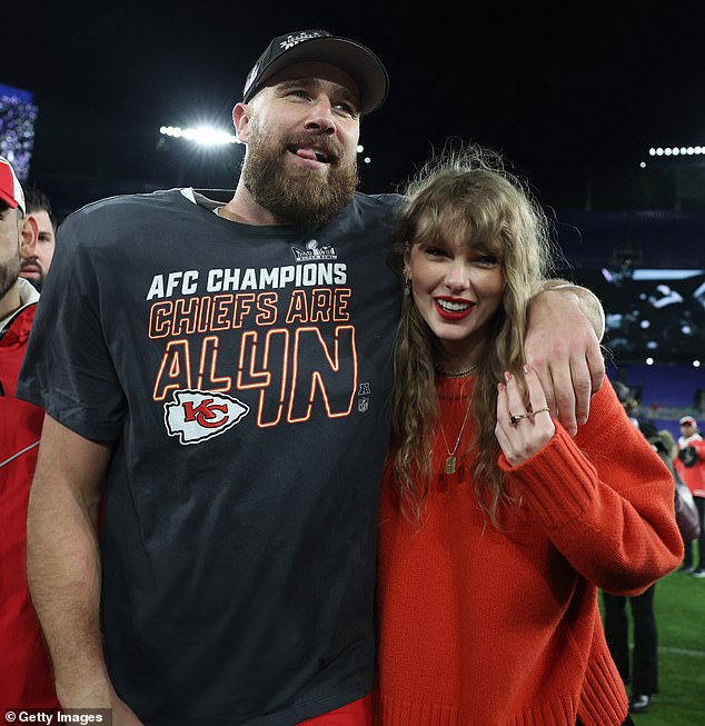 Travis Kelce took to social media the day a leaked 'contract' claimed he and Taylor Swift would announce a split; pictured on January 28 in Baltimore