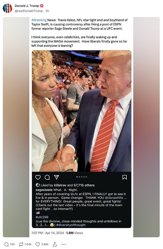 Trump shared a photo of Kelce's like on a photo of him meeting former ESPN anchor Sage Steele