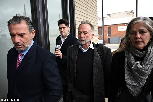 Bill Swale - a wealthy property magnate - was behind the wheel of a car that allegedly rammed a pub's beer garden, killing five people. Pictured in the middle, he was at the Ballarat Magistrates' Court on Monday