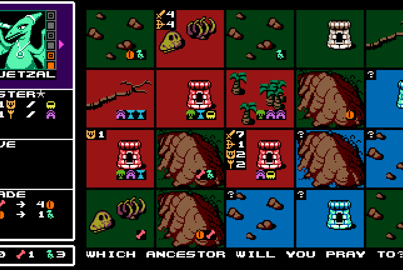 A screenshot of a game screen filled with square tiles with various objects and landmasses on each tile