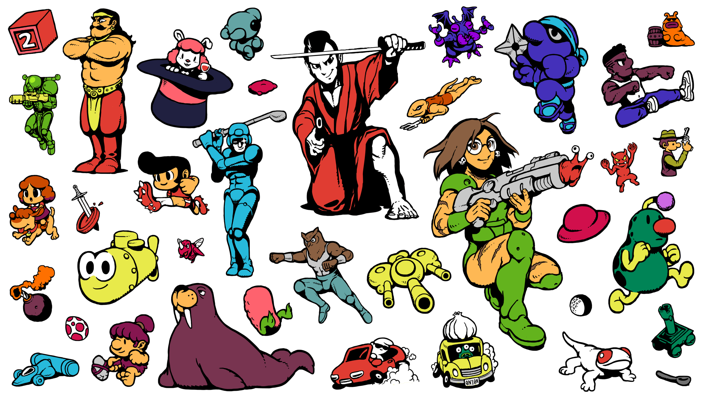 Promotional art for UFO 50 featuring various colorful cartoon characters posing together on a transparent background