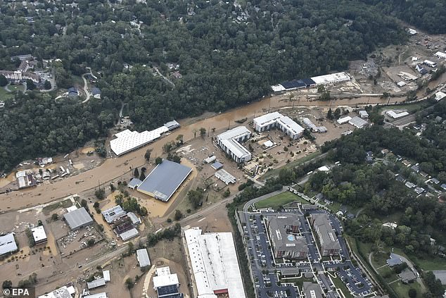 A courtesy photo provided by the North Carolina Division of Aviation showing flood damage caused by the storm that began as Hurricane Helene in Asheville, North Carolina, U.S., September 29, 2024