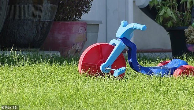 A child's bicycle was on the front lawn of the house