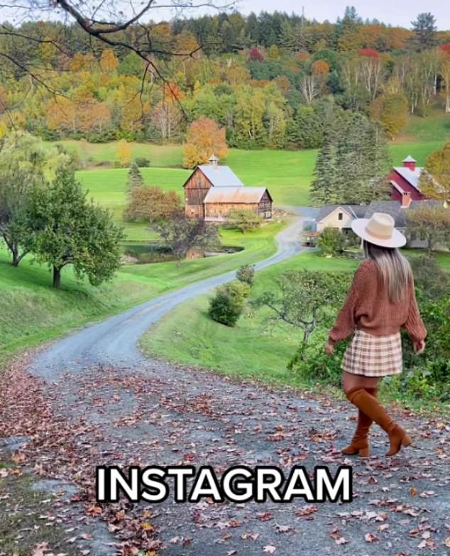 An influencer visiting Pomfret, Vermont, shares a picturesque fall view while strolling along a sleepy lane