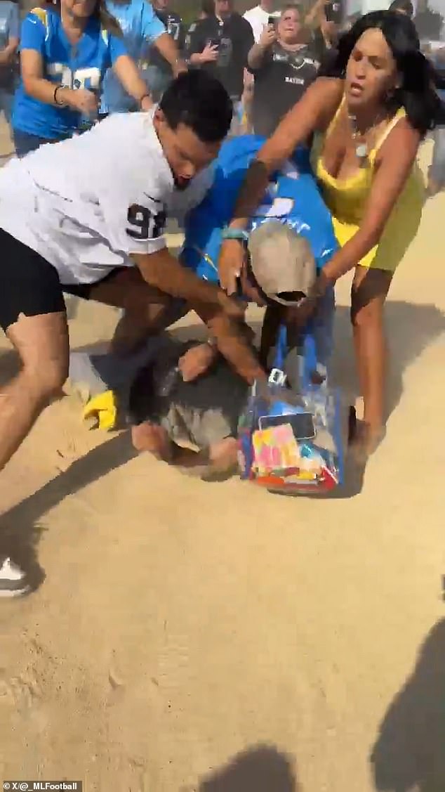 A shockingly violent mass brawl broke out between Raiders and Chargers fans on Sunday