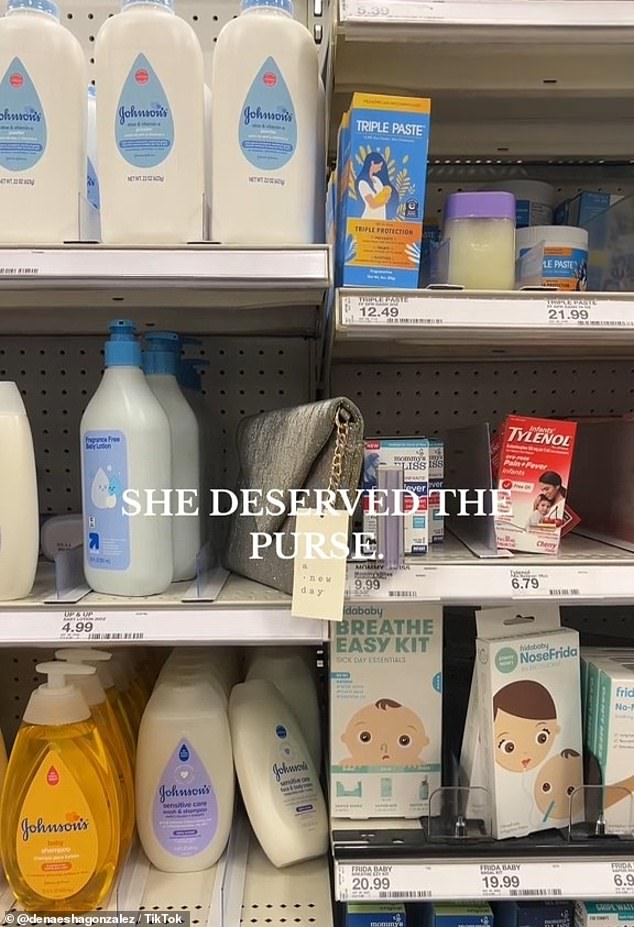 When Tennessee mother Danaesha Gonzalez spotted a discarded bag among children's medicine and lotion in a store, she took a video of the famous scene and posted it to TikTok