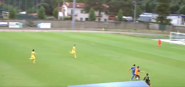 Subbiano manager Alessio Guidotti rushed onto the pitch in a desperate attempt to stop an attack