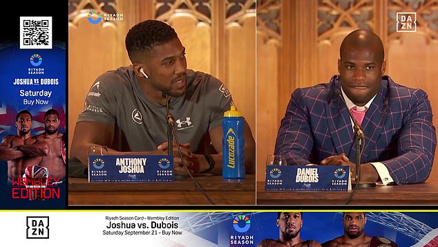 Anthony Joshua (left) and Daniel Dubois (right) had an awkward press conference, with Dubois apparently ignoring his rival's question