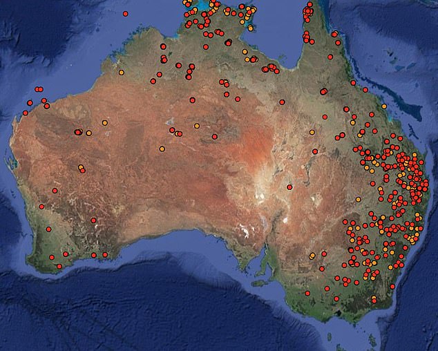 A satellite image shows detected hotspots - likely small fires - across the country on Friday, with the Bureau warning that higher temperatures and strong winds could cause them to spread