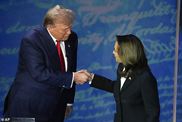 Republican presidential candidate former President Donald Trump shakes hands with Democratic presidential candidate Vice President Kamala Harris during an ABC News presidential debate at the National Constitution Center, Tuesday, Sept. 10, 2024, in Philadelphia