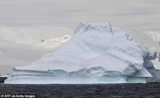 View of an iceberg in the Gerlache Strait, which separates the Palmer Archipelago from the Antarctic Peninsula, in Antarctica on January 16, 2024