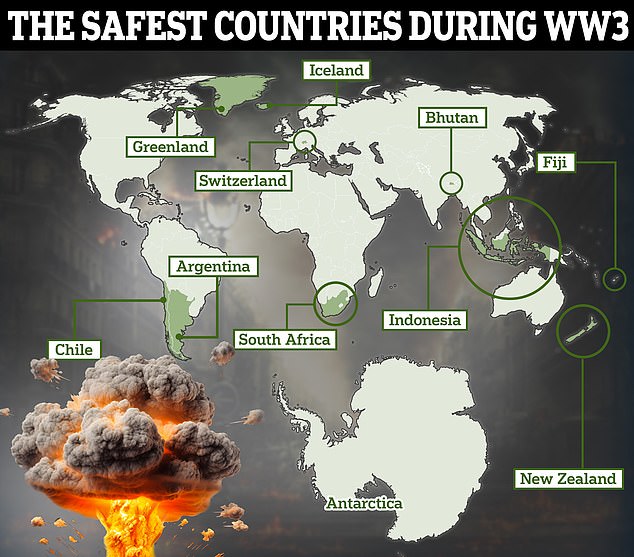 What are the safest countries on Earth if World War III starts? Map reveals the places most likely to survive as Israeli pager bombs spark fear of war in Middle East and wider region