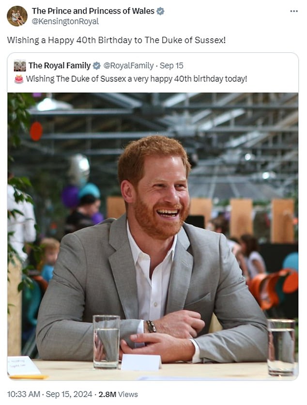 Prince Harry received a congratulatory 40th birthday message from Prince William and Kate yesterday, including a photo of the Duke that was first posted by Charles and Camilla's X account