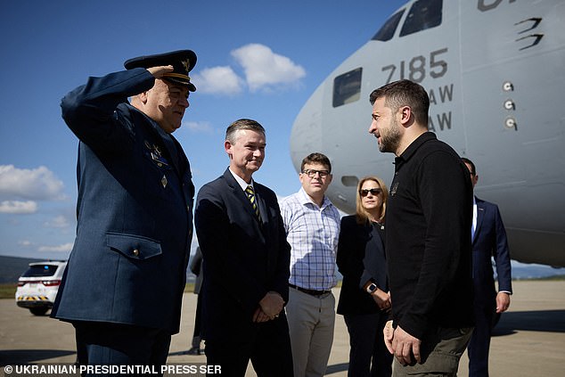 This photo taken by the Ukrainian Presidential Press Service on September 22, 2024, shows Ukraine's President Volodymyr Zelensky arriving for his visit to the Scranton Army Ammunition Plant in Scranton, Pennsylvania, on September 22, 2024.