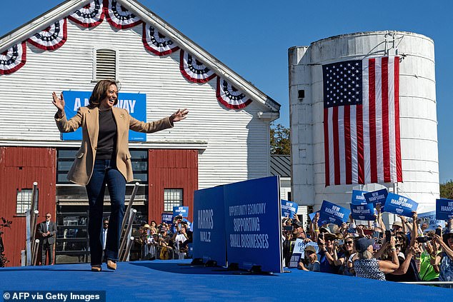 Vice President Kamala Harris takes the stage during her campaign event in North Hampton, NH on September 4, 2024