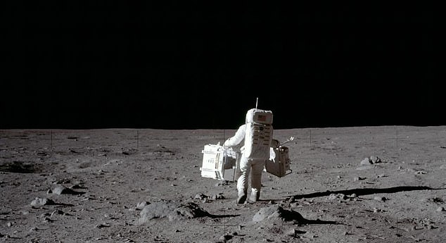 The reason there are no stars visible in the moon landing photos is because the moon's surface is brightly lit by the sun, making the stars invisible.