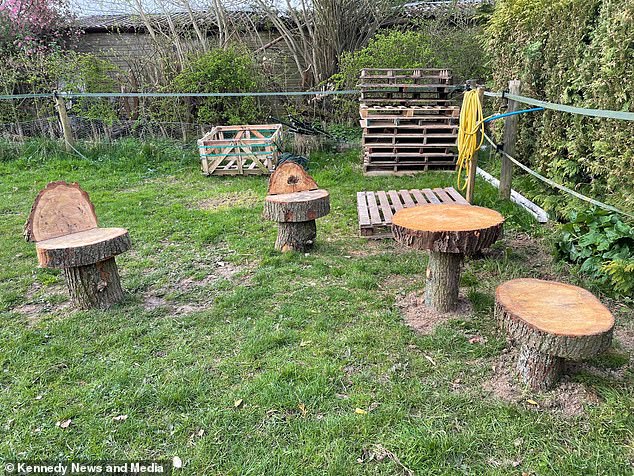 The mother of two visited the trio last month when she noticed that part of a wooden chair her husband had made for the animals had rotted away, leaving a large nail exposed