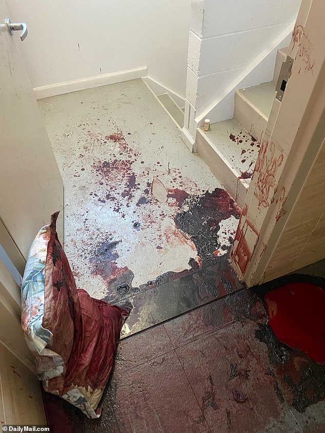 A day later, there were still drops of blood on the walls and hinges - and a pool of blood from the horrific shooting could still be seen on the blood-red ground