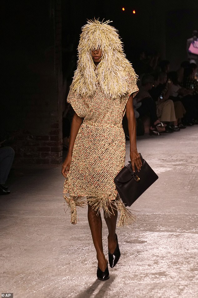 The models were spotted today showing off their skills in the bizarre headpieces at the Bottega Veneta Spring/Summer 2025 Womenswear collection show