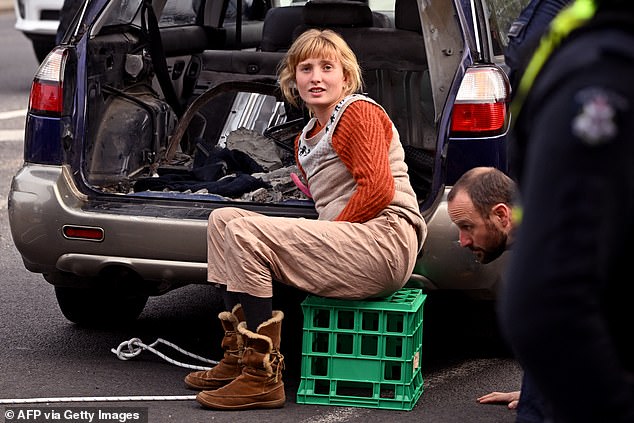 The young activist glued her arm to the back of a hatchback on Friday