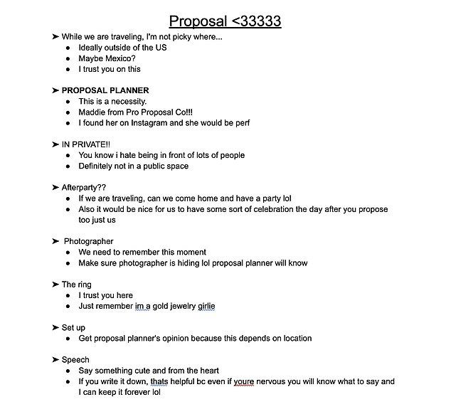 A young woman has been criticised as a 'huge red flag' after she revealed her list of instructions on how she wants her boyfriend to propose