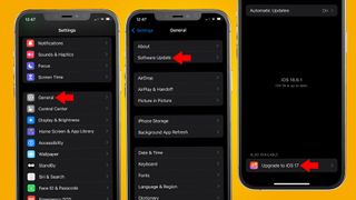 Three iPhones show the installation process for iOS 17