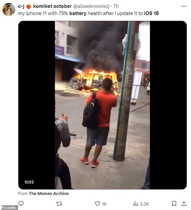 An affected user posted a GIF of an exploding car with the caption: 'my iPhone 11 with 75% battery life after updating to iOS 18'