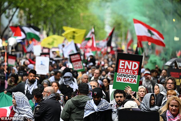 Organizers of the Melbourne rally told AAP the group carrying Hezbollah flags was not affiliated with those leading the demonstration