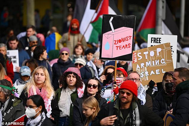 Protesters at a pro-Palestine rally in Melbourne earlier this year. There is no suggestion that the individuals depicted above support Hamas or Hezbollah