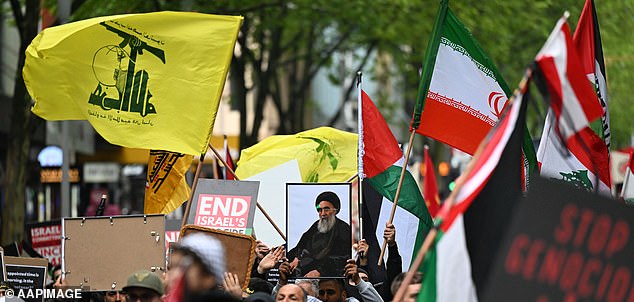 Protesters were seen holding up framed photos of recently killed Hezbollah boss Hassan Nasrallah, while others waved the group's flag.