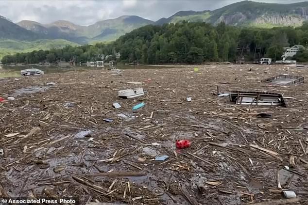 Flood debris from Hurricane Helene is seen in Lake Lure