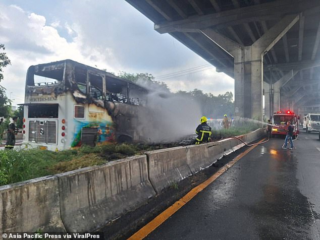 Dramatic footage showed flames engulfing the entire vehicle as firefighters battled to extinguish the inferno