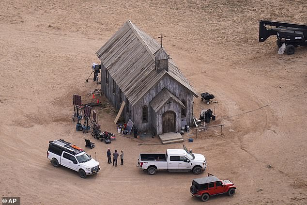 This aerial photo shows the film set of "Rust," at Bonanza Creek Ranch, October 23, 2021