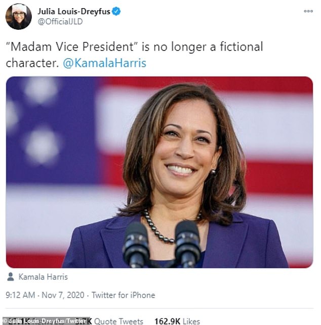 In 2020, Louis-Dreyfus congratulated Harris by tweeting that the idea of ​​a 