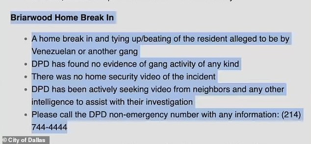 A newsletter from a Dallas city councilman mentioned the gang's possible ties to crime