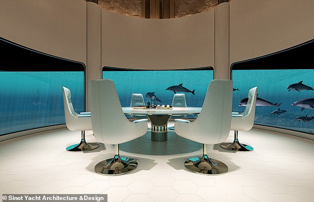 The design philosophy is showcased in a submerged observation lounge five meters below the sea surface, which 'provides a unique opportunity to experience marine life'