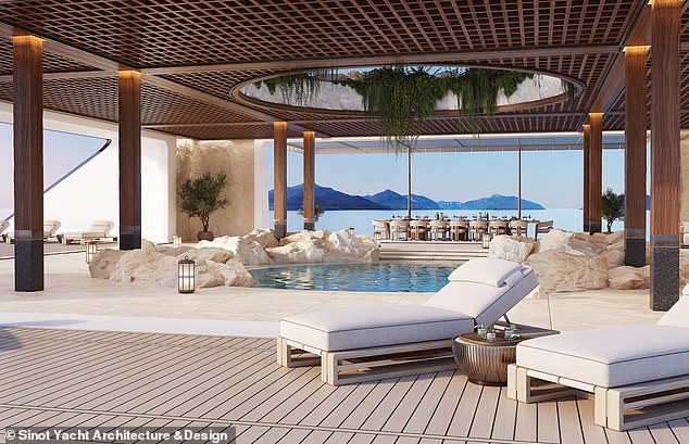 To encourage guests to connect with the outdoors, the yacht features open-air lounges and shaded outdoor decks