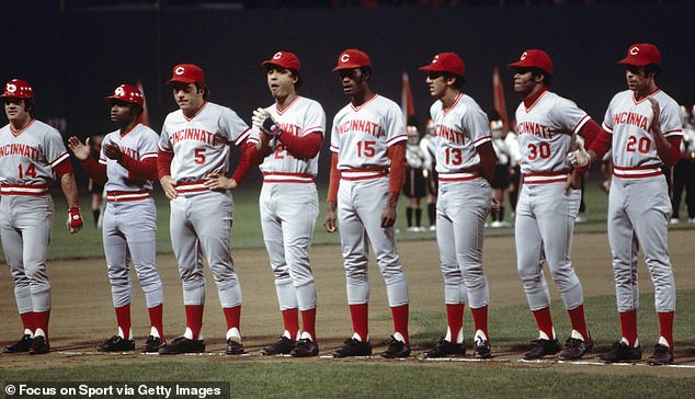 Pete Rose #14, Joe Morgan #8, Jonny Bench #5, Tony Perez #24, George Foster #15, Dave Concepcion #13, Ken Griffey #30 and Cesar Geronimo #20 of the Cincinnati Reds lineup during the introductions before Game 1 of the 1975 World Series against the Boston Red Sox on October 11, 1975 at Fenway Park