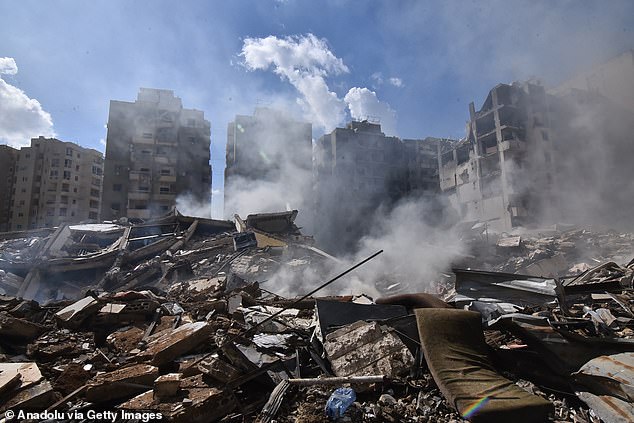 A view of damaged buildings after Israeli attacks on the Laylaki and Haret Hireyk neighborhoods in the Dahieh region of Beirut, Lebanon