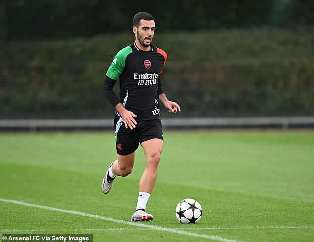 Merino, 28, pictured during training at Arsenal's Colney base in London on Monday