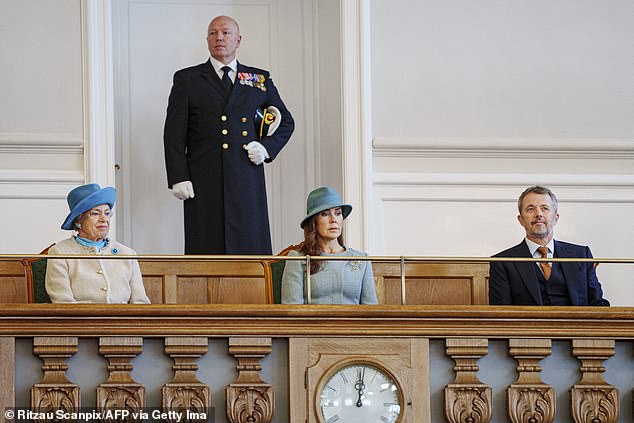 Queen Mary of Denmark (center) sat with Princess Benedkeek (left), Queen Margarethe's younger sister, and her husband King Frederik (right)