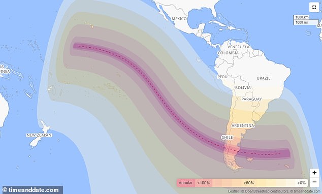 October 2: This color-coded map shows the 'path of ring formation' as a deep pink line. It is here where people will see the sun as a 'ring of fire' (annular solar eclipse). Further ahead are areas where a partial solar eclipse can be seen - where it looks as if the sun has taken a 'bite' out of it. Exactly how much of the sun appears 'bitten out' depends on where you are. For example, if you are in the north of Argentina, you should see a sun with about 30-40%