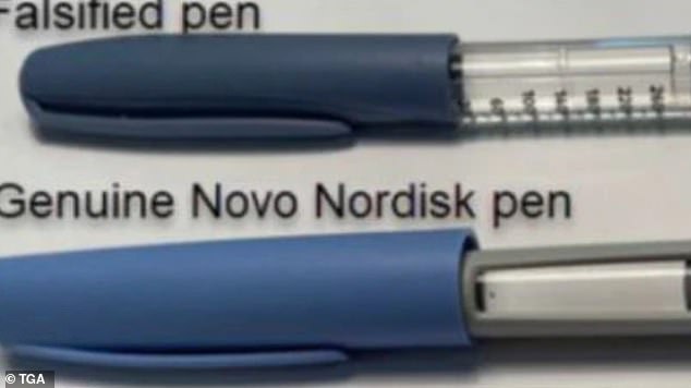 This photo shows the difference between a fake Ozempic pen and a real one from the maker Novo Nordisk